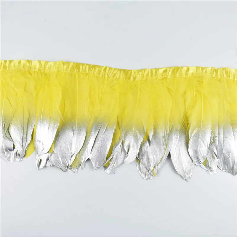 Yellow Silver 2 м/лот золото окунутое украшение из гусиных перьев окрашенные Настоящее гусиное перо для ремесел лента с бахромой санмы Свадебные Перья украшения - Цвет: Yellow Silver