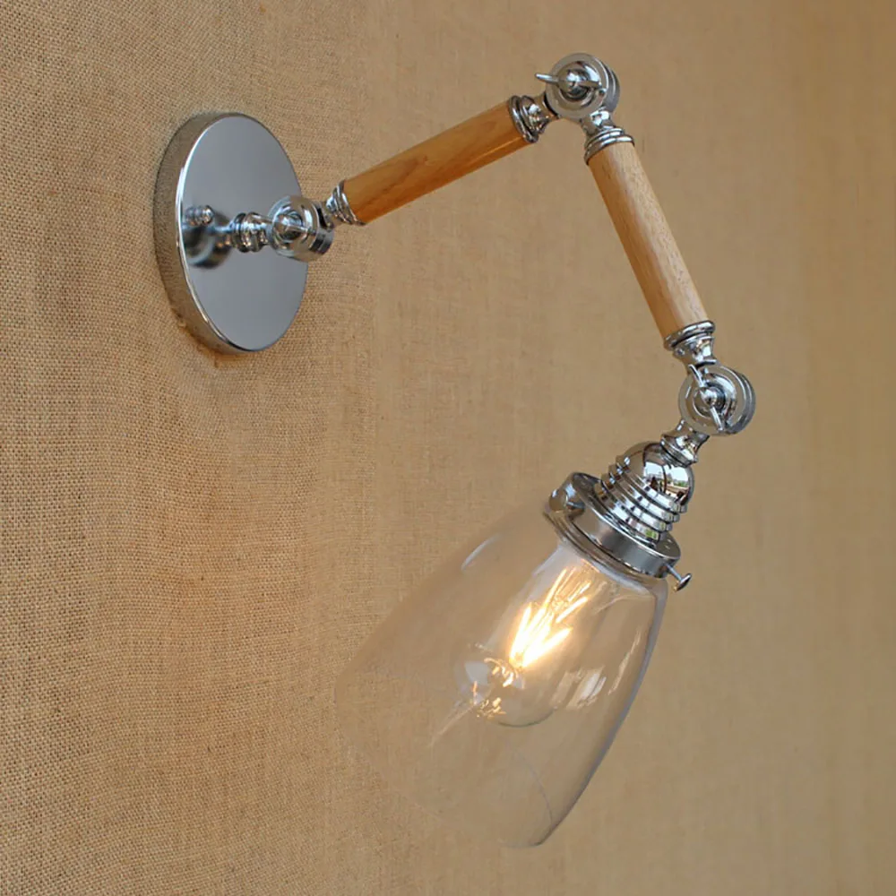 Винтажная настенная лампа e27 с деревянным стеклом и регулируемым поворотным