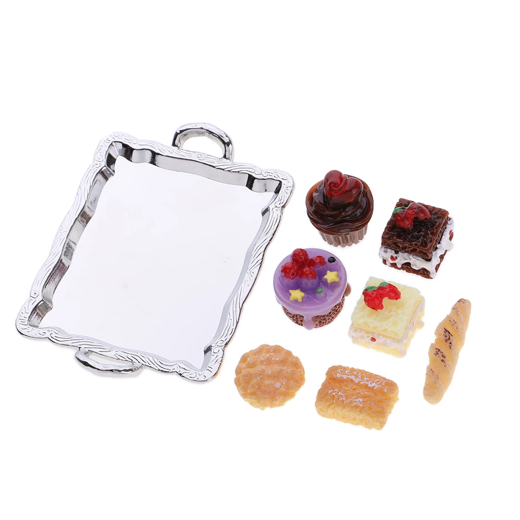 

1/12 Dollhouse Miniature Food Cake Plate Bread Set For Kitchen Dining Room Decoration with Silver Tray