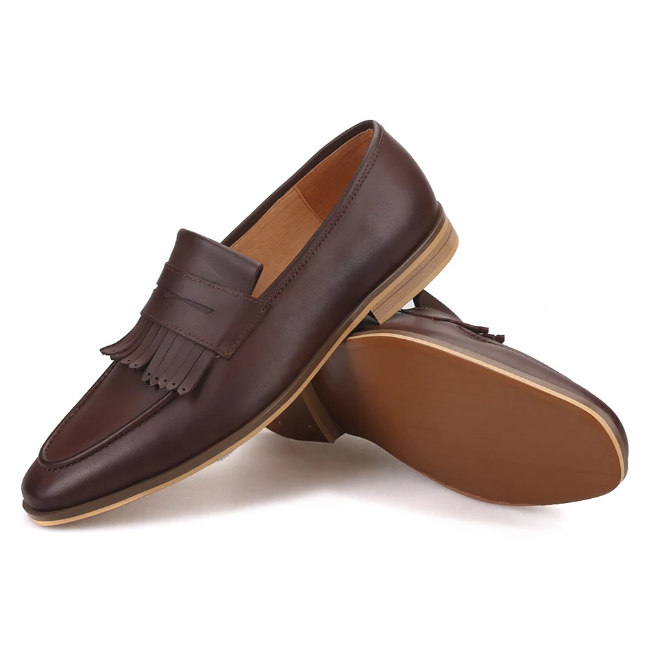 Piergitar 2019 hand-brushed calfskin men leather shoes with fringes wedding and party men's loafers smoking slippers plus size | Обувь