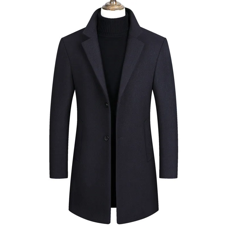 Dark navy Мужская куртка, теплый зимний Тренч, длинная верхняя одежда, пальто на пуговицах, Мужская Повседневная ветровка, пальто, куртки, пальто, шерсть - Цвет: Dark navy