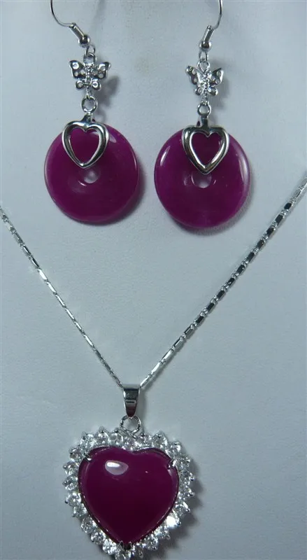 2 choices wholesale purple jade dangle earring and heart gold/silver plated inlay pendant jewelry set | Украшения и аксессуары
