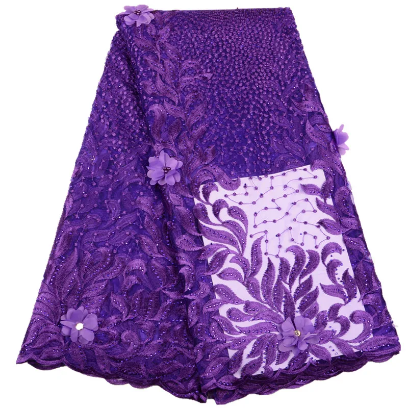 Wholesale Price Beaded French Lace Fabric Stones African Pretty 3D Tulle Laces For Party /Wedding Lilac Color S1525 | Дом и сад