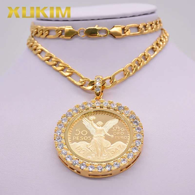 Модные ювелирные украшения CP01 Xukim, подвеска в виде золотой монеты, мексиканские песо, монета, Безель, серебряное, розовое золото, подвеска, ожерелье