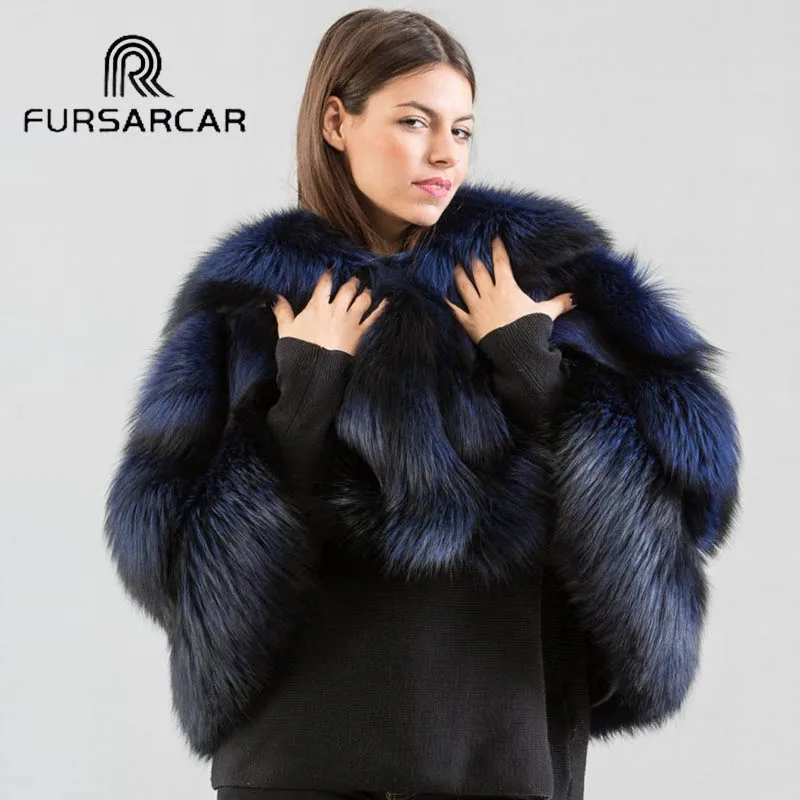Женская меховая накидка FURSARCAR роскошное пончо с натуральным мехом лисы и круглым