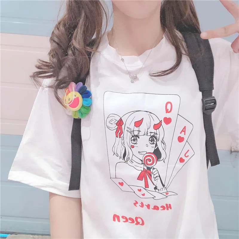 Harajuku/футболка с рисунком из мультфильма для японских темных девочек; футболка с короткими рукавами и круглым вырезом и принтом в виде китайских букв; милые футболки в стиле аниме Kawaii; топы