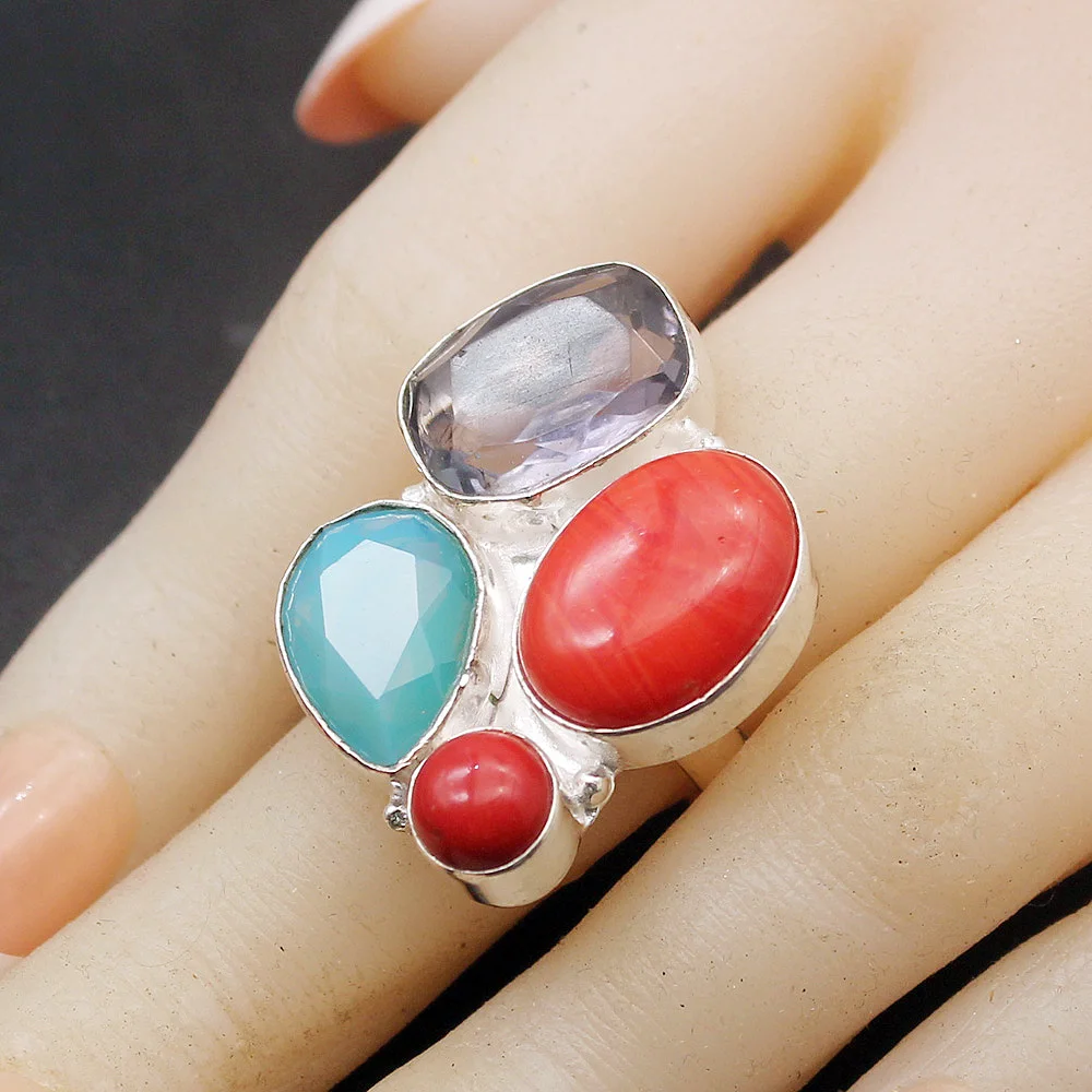 Много драгоценных камней Натуральный Коралл Jasper925 стерлингового серебра мода