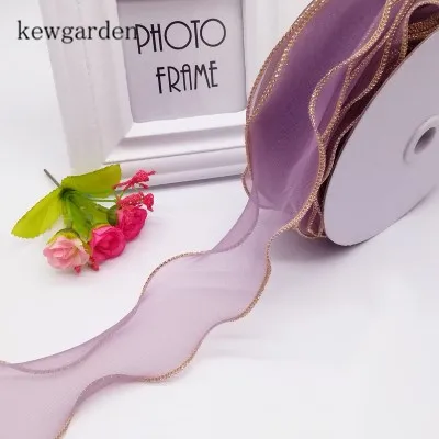Kewgarden DIY бант ленты из вуали " 50 мм Золотой Край органзы ленты вручную изготовленная лента аксессуары Riband 25 ярдов - Цвет: Темно-фиолетовый