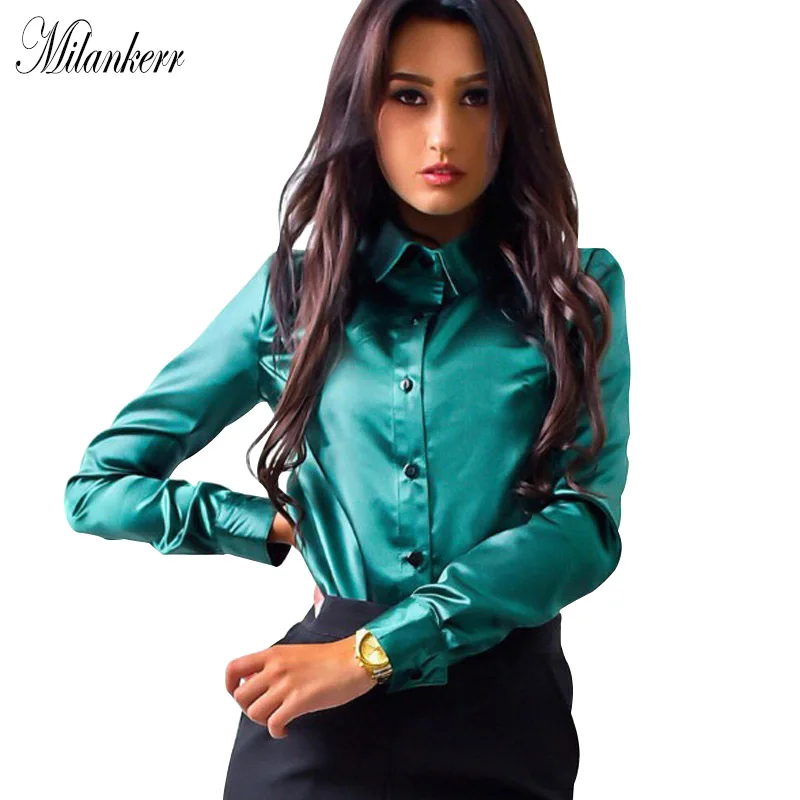 Для женщин атласный шелк блузки Button нагрудные рубашка с длинными рукавами