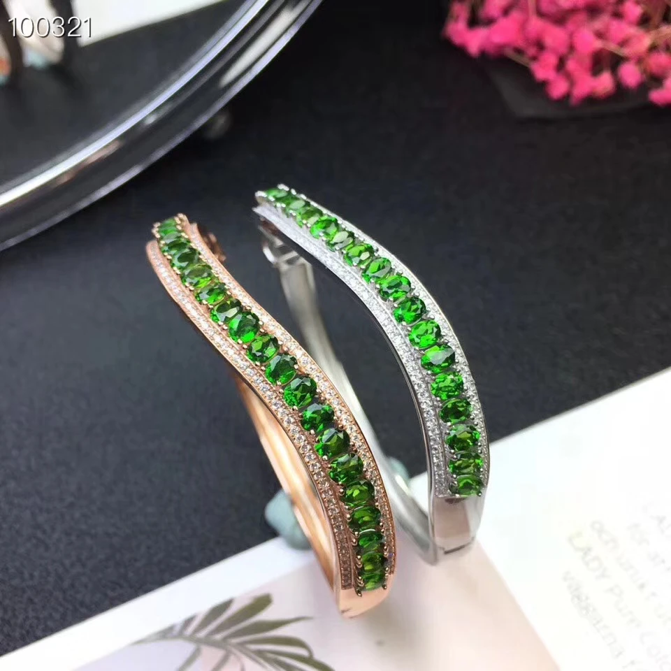 Natural green diopside gem bangle S925 silver natural gemstone Fashion elegance surround Row wave woman birthday gift | Украшения и