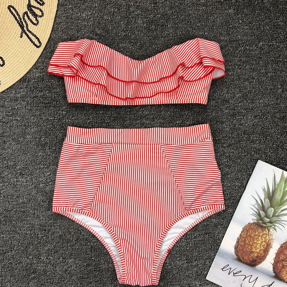 Купальный костюм с открытыми плечами оборками бандо бикини купальный рюшами