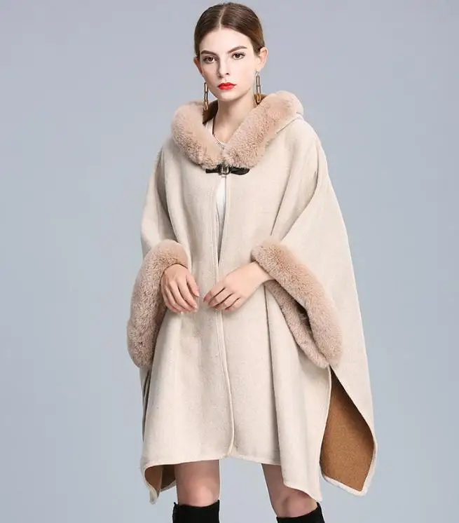 beige Роскошная Новая накидка в западном стиле из кроличьего меха с капюшоном, плащ, пальто, пончо, шаль из пашмины, женское осенне-зимнее свободное меховое пальто - Цвет: beige