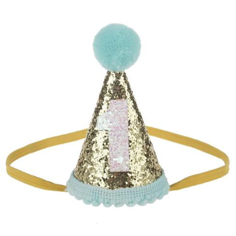 Blue 1 Cute Shiny 1/2/3 Boys Girls Birthday Hats With Hairball Caps Baby Shower Birthday Party Cake Caps Party Photo Props - Цвет: Blue 1