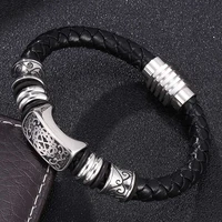fashion men women genuine leather bracelet charm stainless steel round rope bangles wrist band jewelry gift bb0117