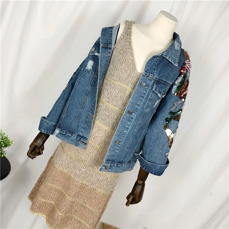 Spring Autumn Casual Denim Jacket Women Embroidery Floral Beading Pearl Sequin Patch Epaulet Ripped Hole Bomber Jeans coat NZY27 | Женская