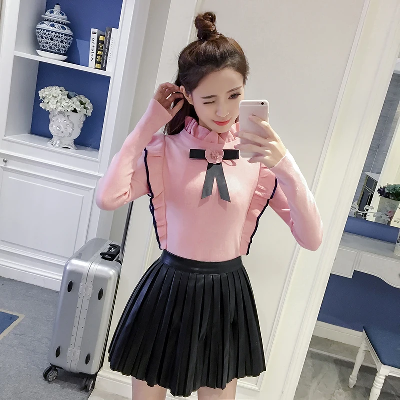 Zarachiel Harajuku сладкий Воланы лук Аппликации для женщин Зимний свитер с длинным рукавом Вязание пуловеры Pull Femme джемпер топы для девочек