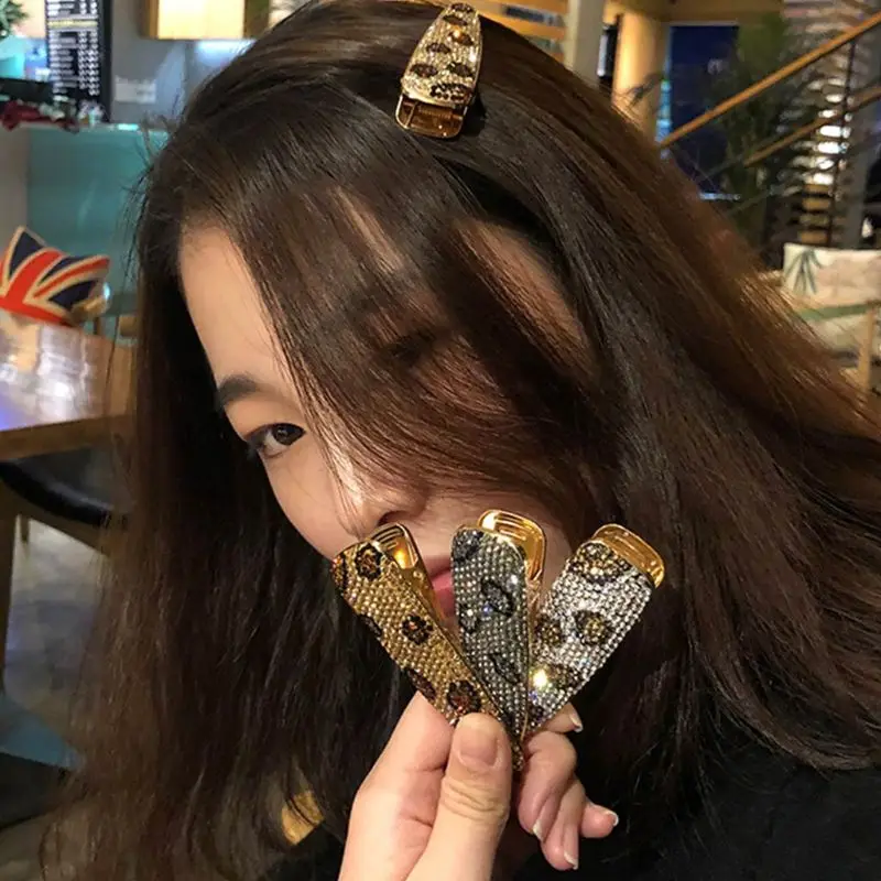 

Korean Ladies Girls Metal Duckbill Hair Clips Vintage Leopard Rhinestone Water Drop Hairpins Faux Crystal Side Bangs Barrettes