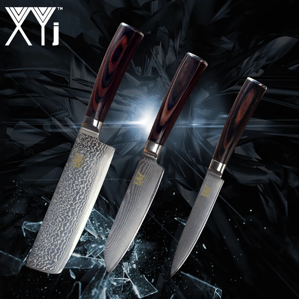 XYj Дамасская сталь набор кухонных ножей 3 шт. VG10 5 ''утилита 5'' сантоку 7