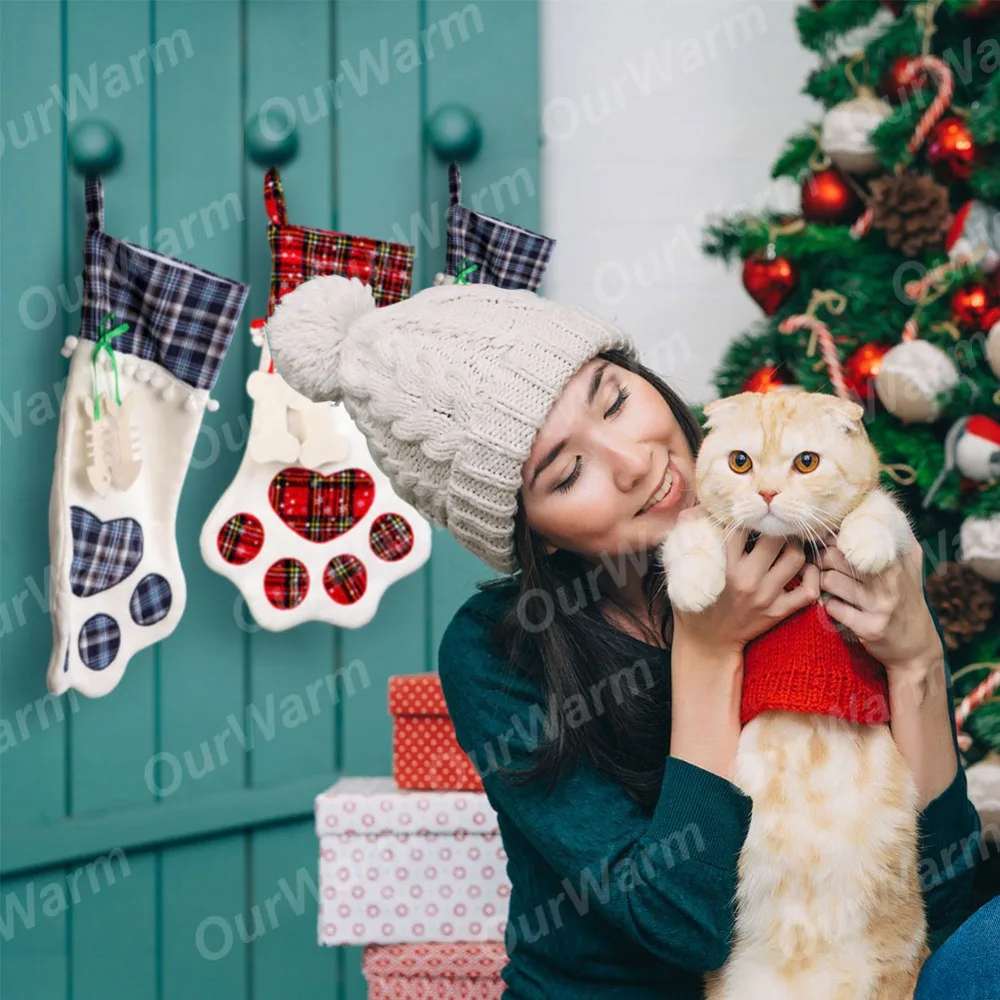 OurWarm 5 шт. рождественские чулки для домашних животных с собакой лапой клетчатые