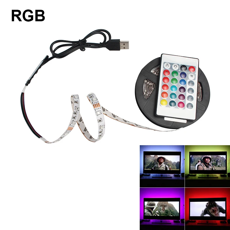 RGB with 24key USB Светодиодные ленты ТВ Подсветка лента светодиодный гибкий Диодная лента SMD3528 DC 5V Светодиодный светильник ленте 50 см 1 м 2 м 3 м 4 м 5 м RGB светодиодный полосы для ПК - Испускаемый цвет: RGB with 24key