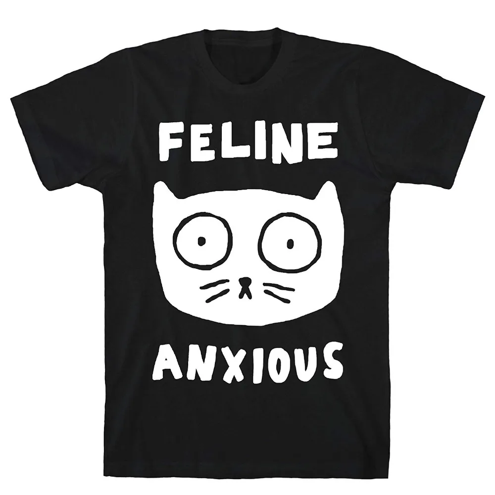 2018 Short Sleeve O-Neck Feline Anxious Black Men's Cotton Tee Summer Men Clothing Cartoon Hip Hop Shirt | Мужская одежда