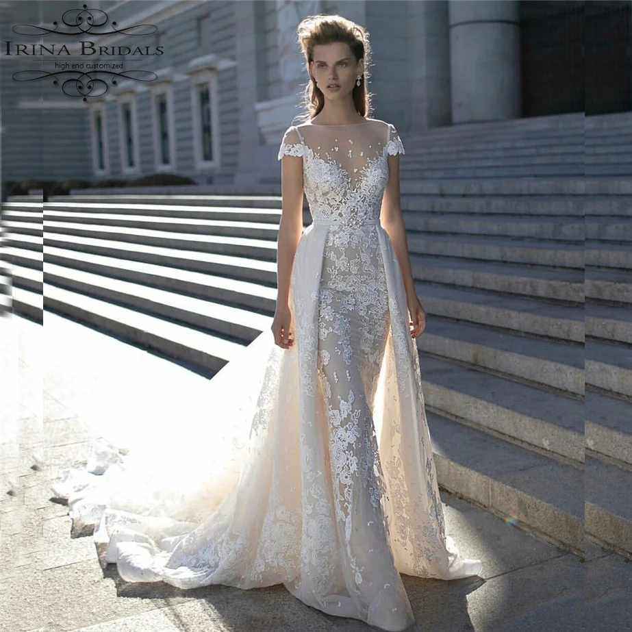 Hochzeitskleid/свадебное платье цвета шампанского с короткими рукавами и кружевной