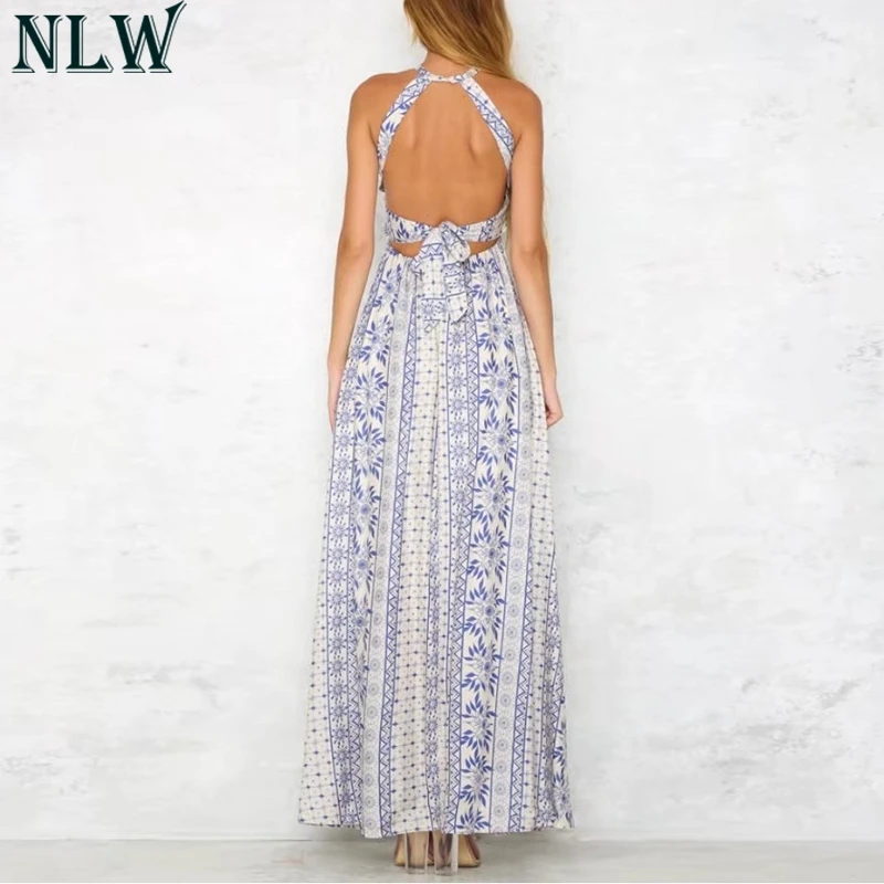 Nlw Белый Boho принт шифоновое платье высокое Разделение выдалбливают Элегантное