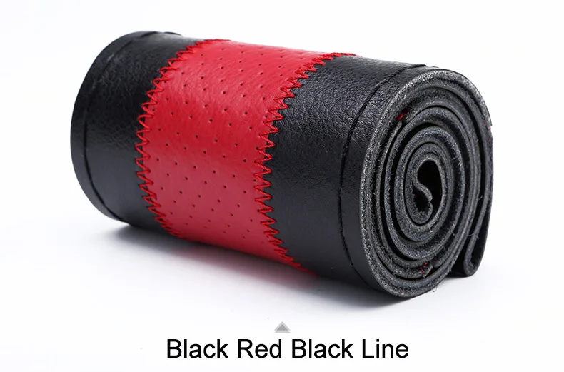 black red black line Чехол рулевого колеса автомобиля с иглами и резьбой из натуральной кожи чехлы на руль Оплетка на руль 38 см - Название цвета: black red black line
