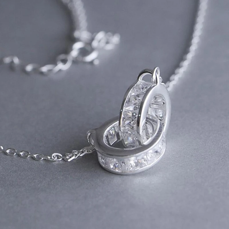 Женское короткое ключичное ожерелье с двойным кольцом из стерлингового серебра