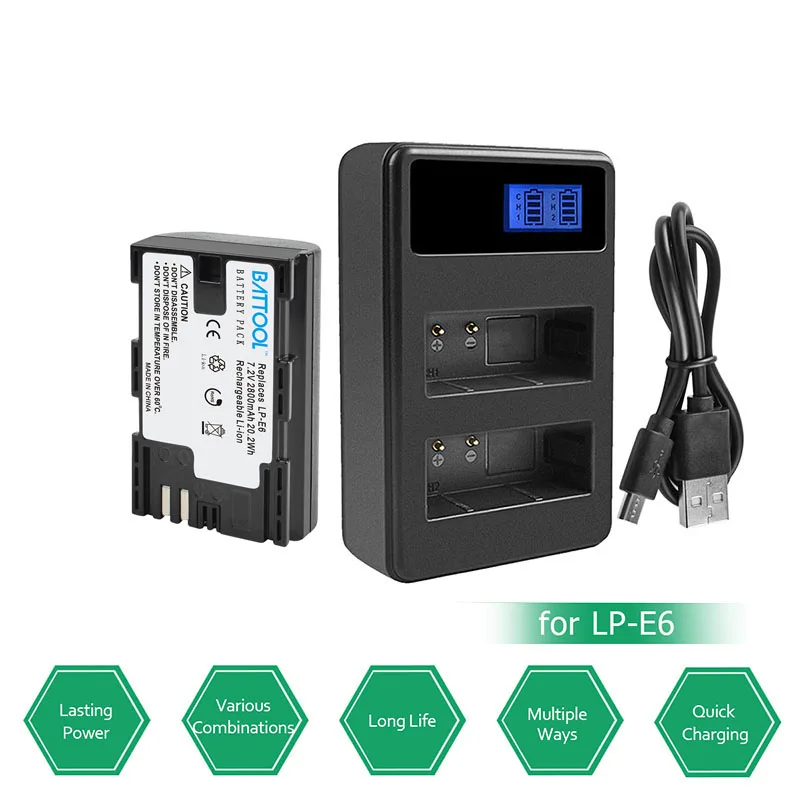 Battool LP-E6 LP E6 Батарея LCD Dual Charger комплект 2600 мАч 7,2 V для Canon 7D Mark II Камера для EOS 60D 70D 80D для EOS 5D Mark II