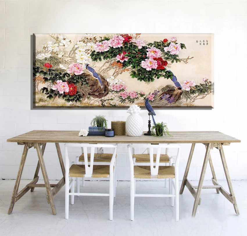 Тщательная роспись цветов и птиц пионы китайские картины холст Винтаж Декор для