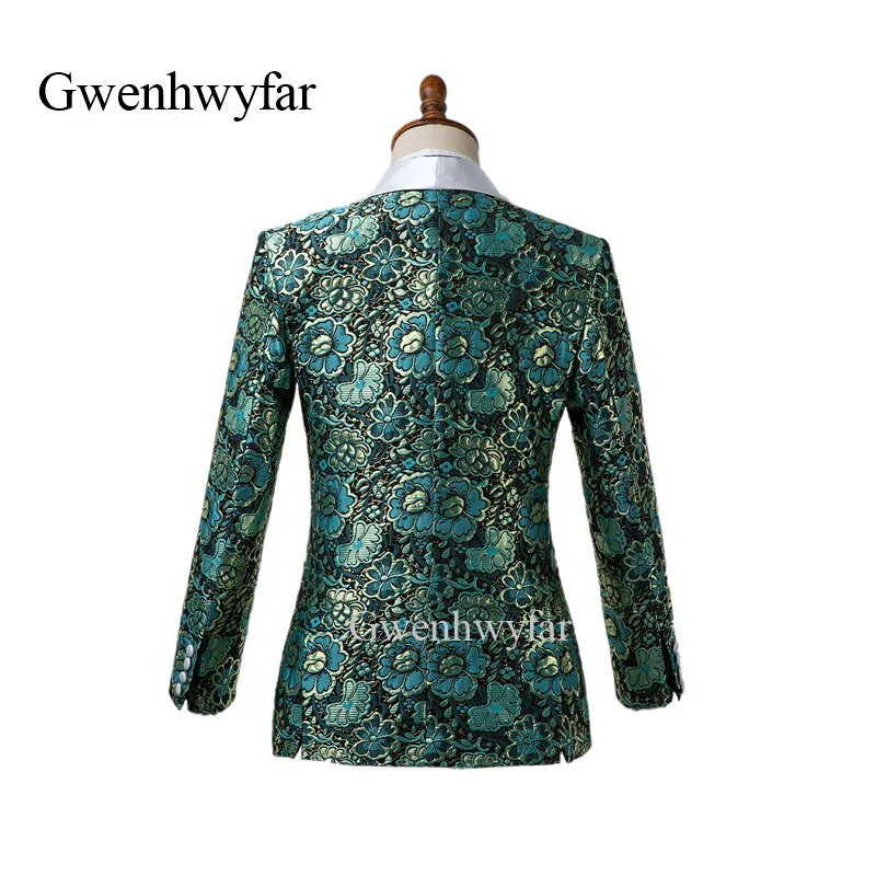 Мужской Жаккардовый смокинг Gwenhwyfar синий и зеленый золотой лотос с цветами