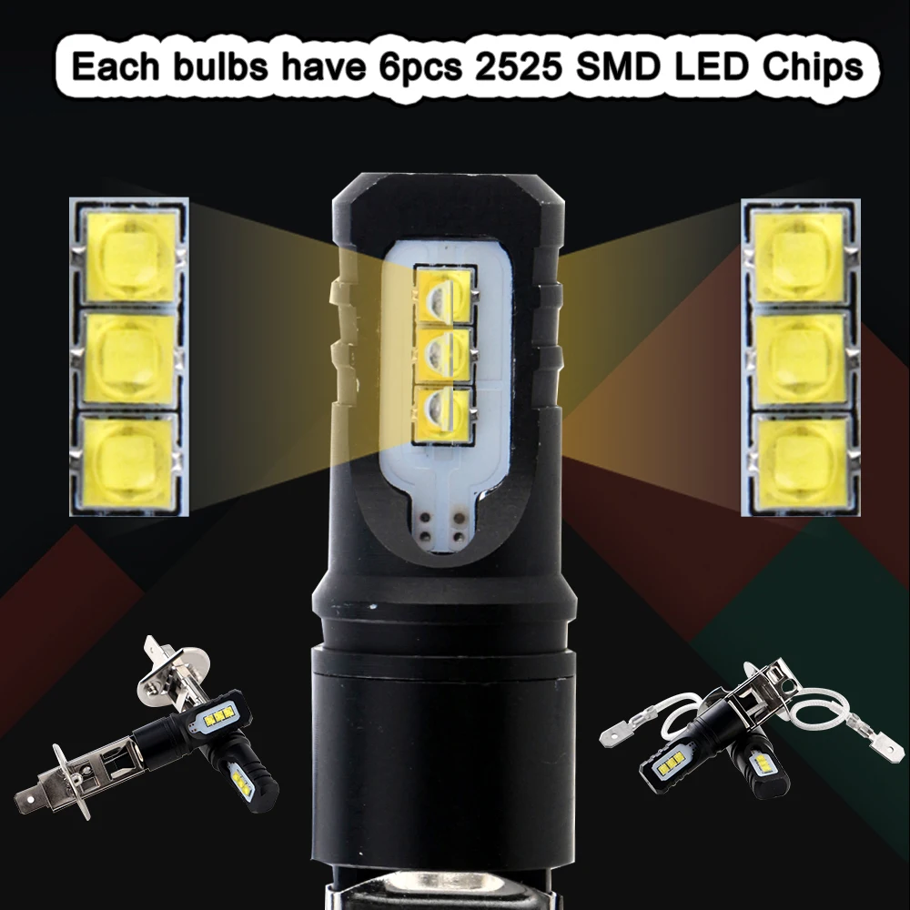 4 шт. DC 9-28 V H1 H3 2525 6SMD белый 8000 K Светодиодные лампы постоянного тока противотуманных фар Поворотная сигнальная лампа фара для автомобилей авто 600LM