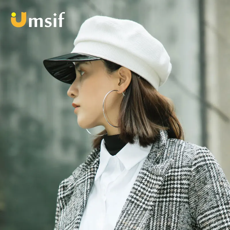 Women's Solid Color Classic French Style Wool Knitted Beret Beanies Hat Women Leather Newsboy Hats Vintage Wide Brim Berets Caps |