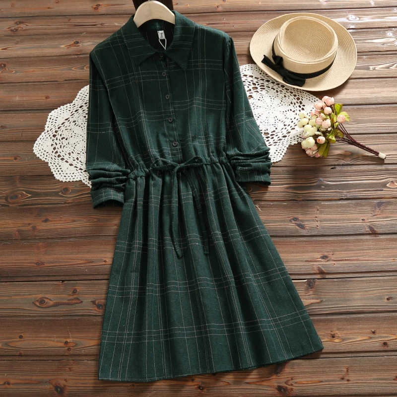 

2018 autumn vintage plaid dress for women mori girl fashion long sleeve lady sweet dress