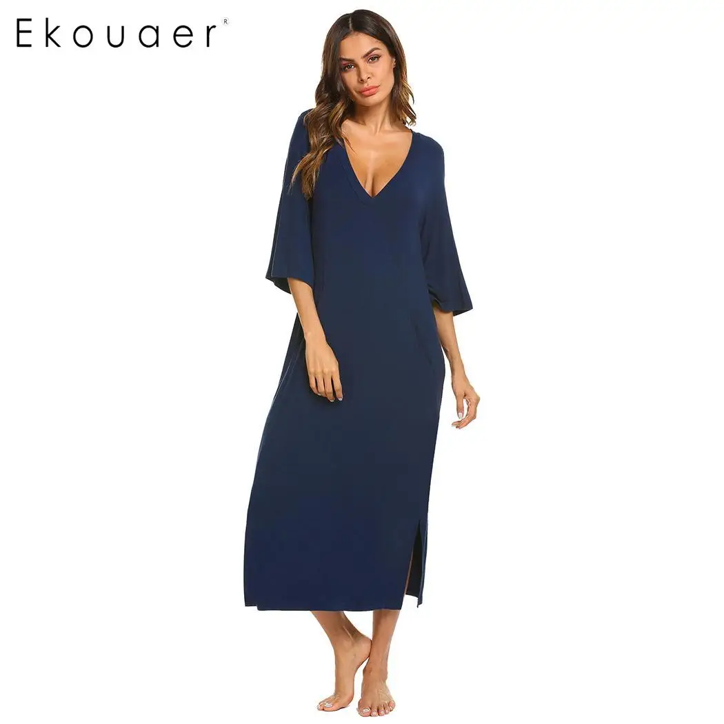 Ekouaer Women Long Sleep Dress Nightdress V-Neck 3/4 Sleeve Solid Pocket Nightgown Lady Loose Sleepshirts Nightwear Plus Size | Женская