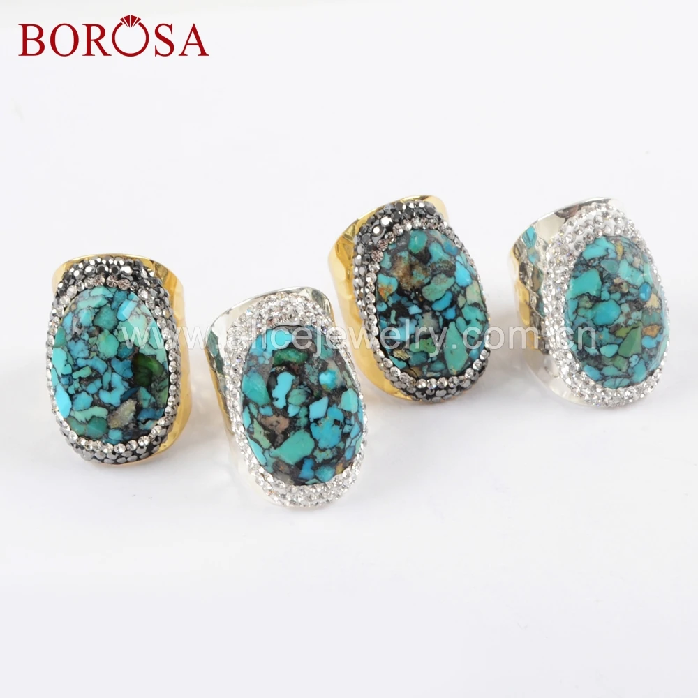 BOROSA 5 шт. золотистого и серебристого цвета натуральная Бирюза Кольцо друзы Кристалл Стразы проложить природные кольца с синим камнем ювелирные изделия JAB943