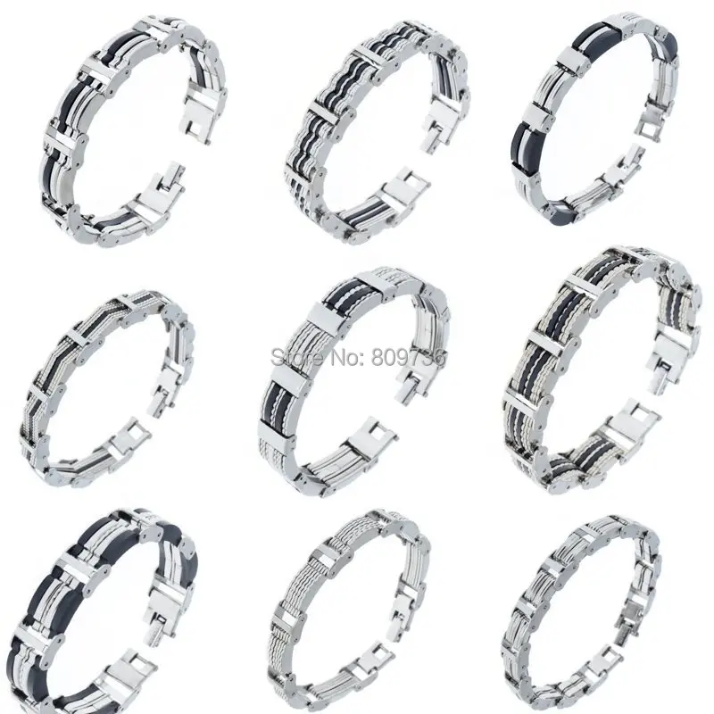 12pcs/lot Mix style Chain Link Wristband Bangle Cuff Men Stainless Steel Bracelet Rubber men Jewelry Wholesale Free Ship | Украшения и