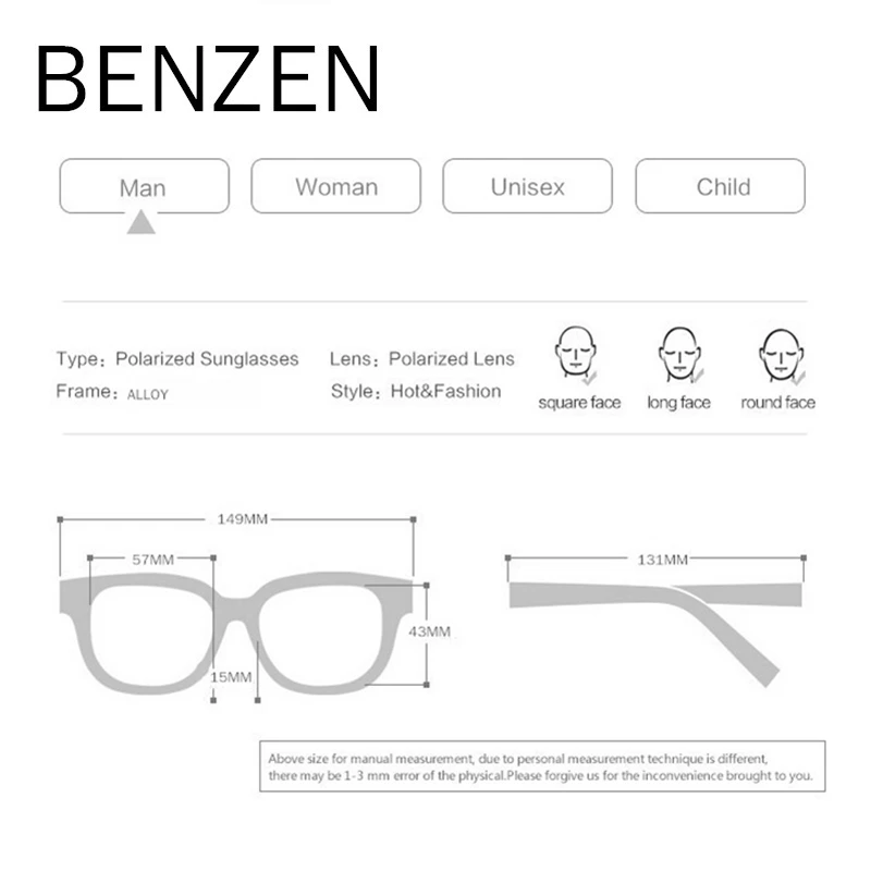 BENZEN, поляризационные солнцезащитные очки, мужские, цветные, мужские, солнцезащитные очки для вождения, затемненные очки, очки, черные, 9339