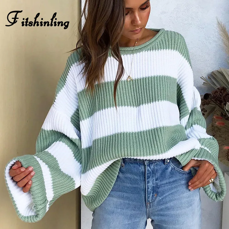 light green Fitshinling полосатый свободный женский свитер, пуловер Осень Зима Новое поступление зеленые джемперы вязаные свитера для женщин - Color: light green