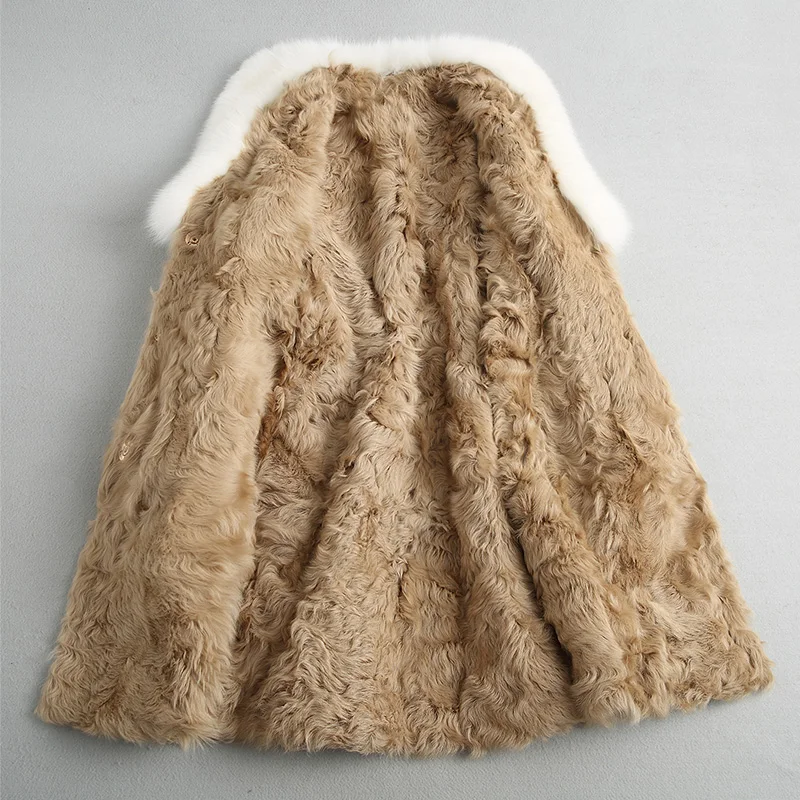 Женское твидовое пальто с меховой подкладкой большим воротником из натурального