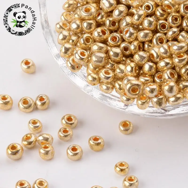 

Electroplate Glass Seed Beads, Round Hole Rocailles, Gold Color, Size: about 3.5~5.5mm in diameter, 2.5~6.8mm thick, hole: 1mm