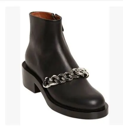 Botas Mujer; Высококачественная золотая металлическая цепочка; ботильоны на толстом каблуке; цвет черный, коричневый, белый; кожаные сандалии-гладиаторы;