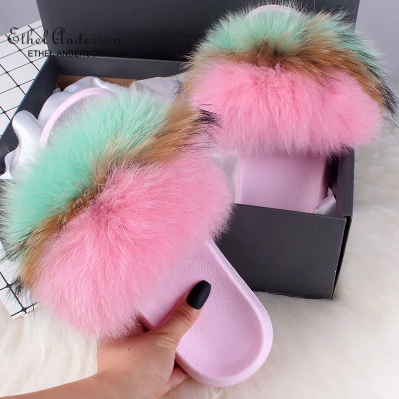 Ethel Anderson Summer Women's Fur Slippers Real Fox Fur Furry Slippers Best Plush Fox Hair Fluffy Slippers Flat Sandals