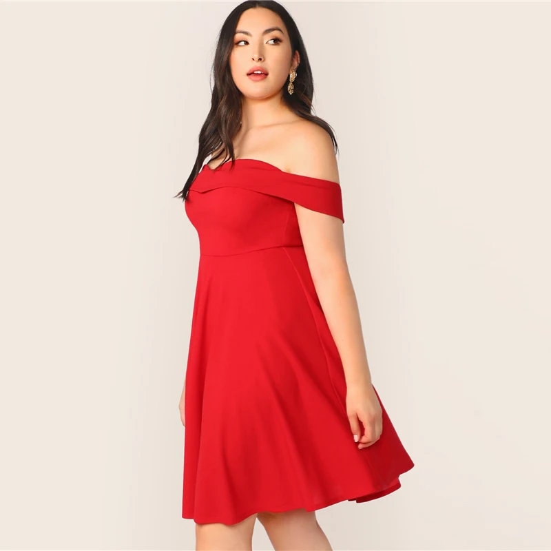 SHEIN, платье трапециевидной формы с открытыми плечами размера плюс,, женское летнее элегантное милое однотонное платье с высокой талией