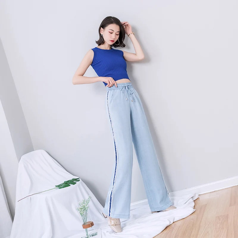 Синие джинсы из тенсельной ткани Женские бойфренды с широкими штанинами 2019