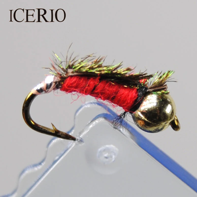 ICERIO 12PCS Red Nymphs Shaggy Wire Caddis Bead Head Fly Trout Fishing Lures #14