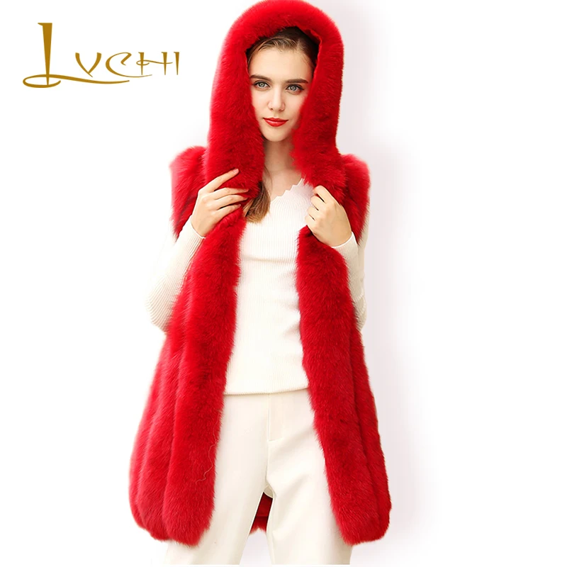 Жилет LVCHI средней длины женская верхняя одежда из серого лисьего меха зима 2019