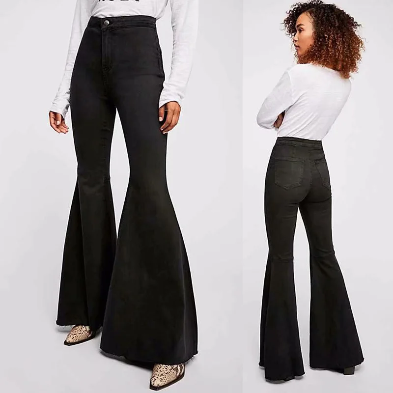 LINLON 2018 New Fashion Full-length Bell-Bottoms flare pants mid-waist light washed regular Spliced Trousers women jeans female |