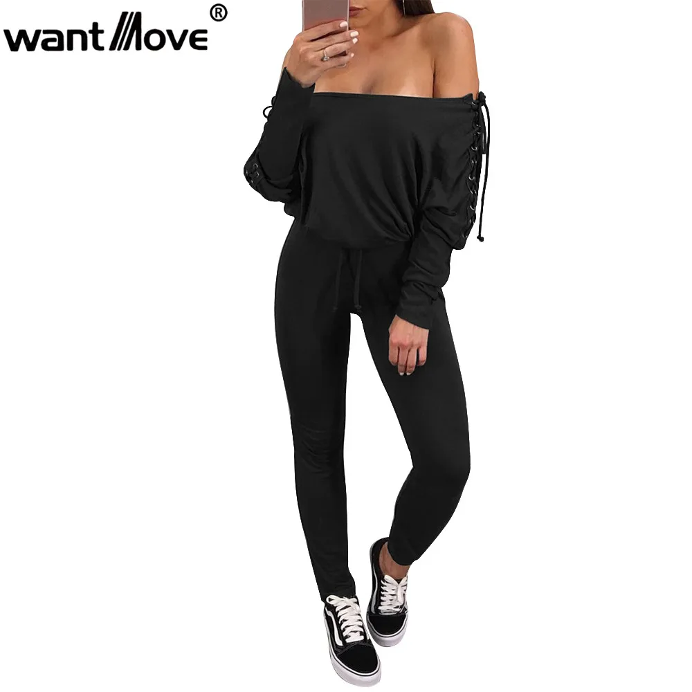 Wantmove Осень Зима Мода с плеча двойной шнуровкой женский комбинезон боди с длинным рукавом Комбинезоны JZ098
